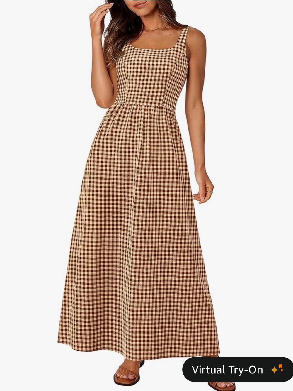 Gingham Square Neck Maxi Dress in Brown - Picture 3 of 6